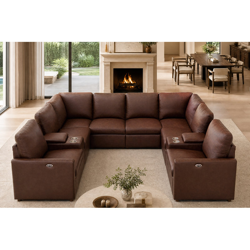 Canapé modulaire inclinable électrique en cuir véritable avec console, porte-gobelets et ports USB, Cuir véritable brun foncé