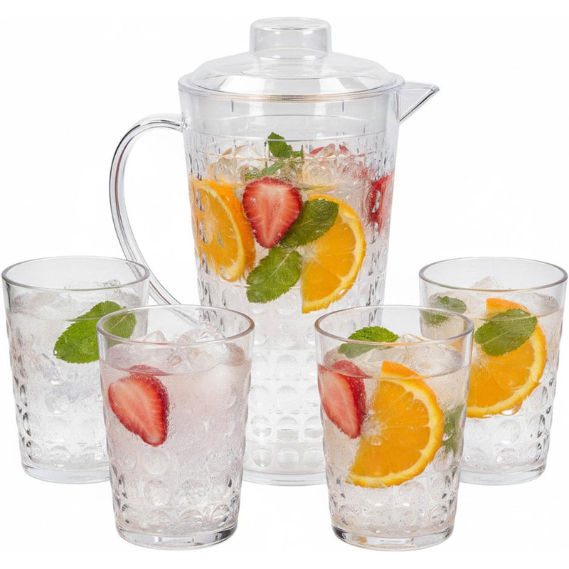 Plastic Water Jug 2L With Lid And 4 Cups BPA Free Shatterproof Drink Set Juice Lemonade Iced Tea Pitcher Outdoor Indoor Use Bubble