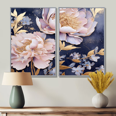 Pivoines roses sur fond bleu - coquelicots
