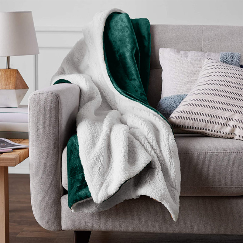 Super Soft Sherpa Fleece Fur Thick Dual Sided Flannel Reversible Blanket Throw, King 200cm x 240cm, Emerald