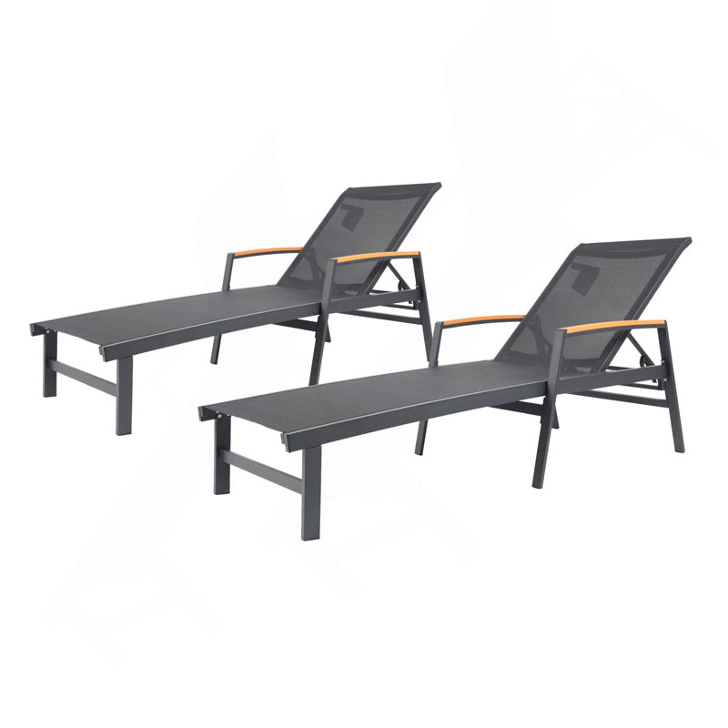 Set Of 2 Patio Rust Resistant Aluminum Frame Chaise Lounge With Mesh Seat & Armrest, Black