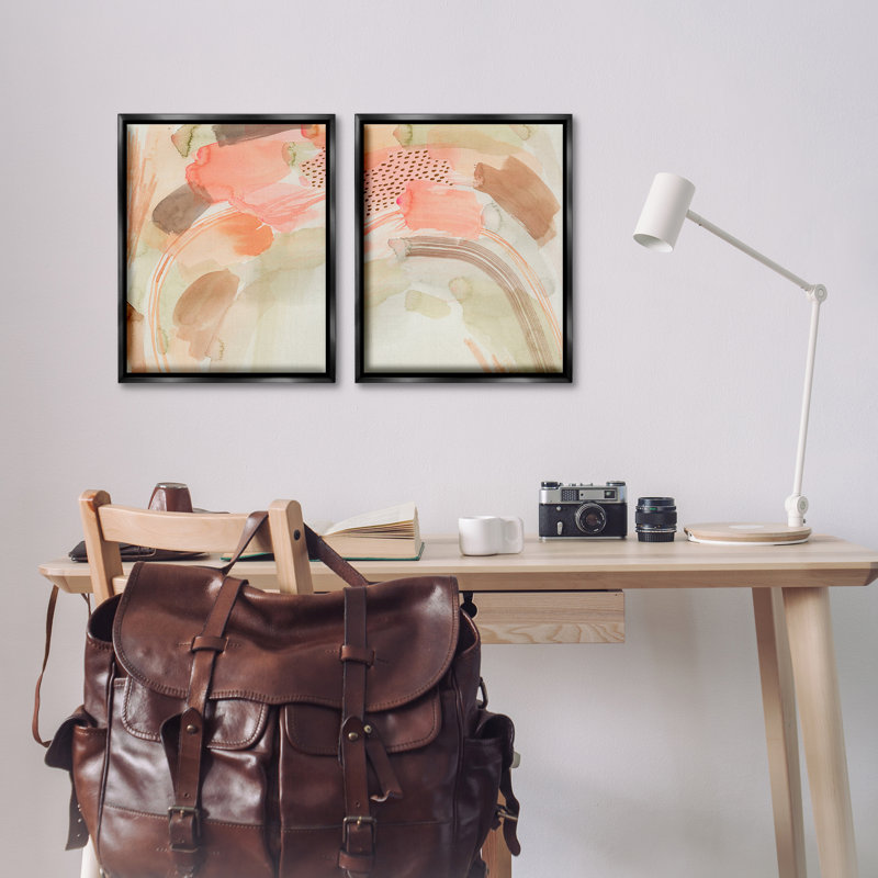 "Pink Peach", aquarelle abstraite, ensemble de 2 toiles flottantes encadrées par Grace Popp, Cadre flottant noir de jais