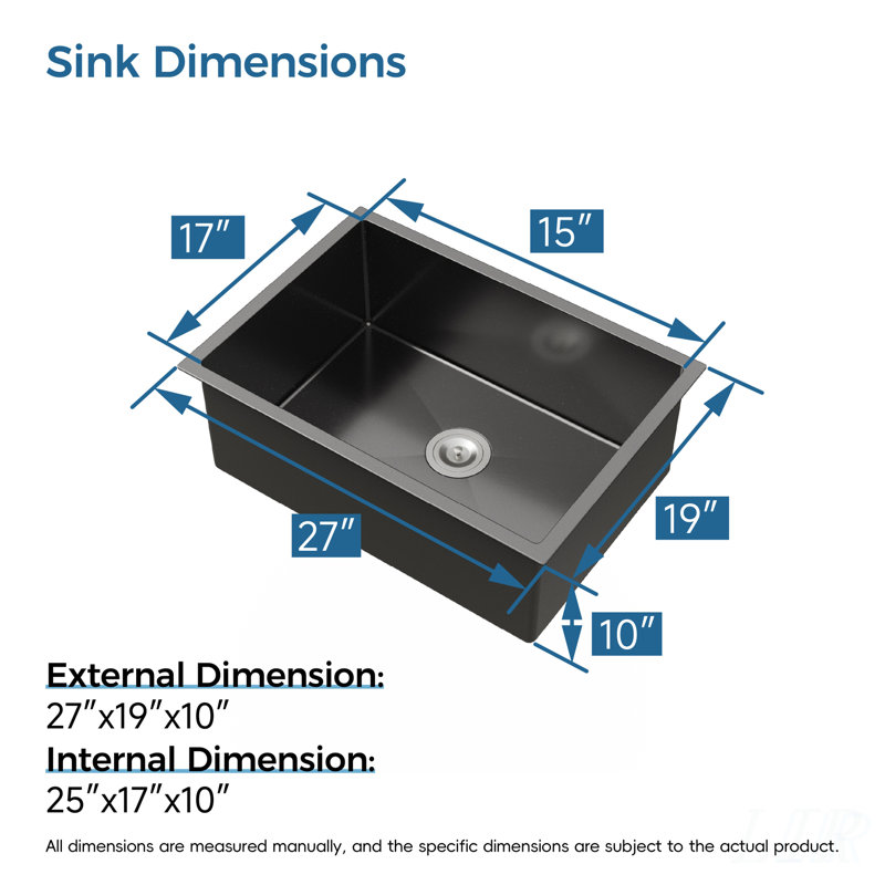 Stainless Steel Kitchen Sink, 27x19 Inch Single Bowl, Undermount Handmade in Black, with US Standard Drain and Hook