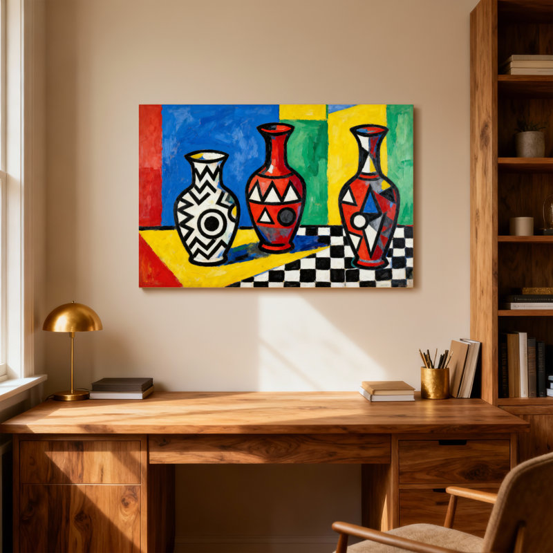 Motif abstrait de vases colorés, H 12 po x l 18 po