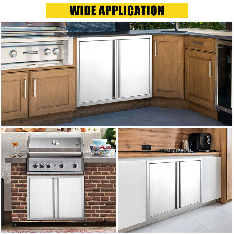 28" W x 19" H Dual Door Flush Mount Stainless Steel Cabinet Door – with Handle & Vent for BBQ Island, Grill Station, Patio Cabinet – Silver