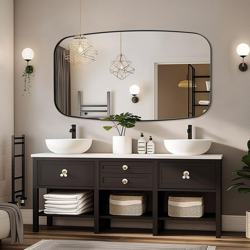 Modern Oblong Oval Bathroom Vanity Mirror | Stainless Steel Frame, Matte Black, 48" x 30"