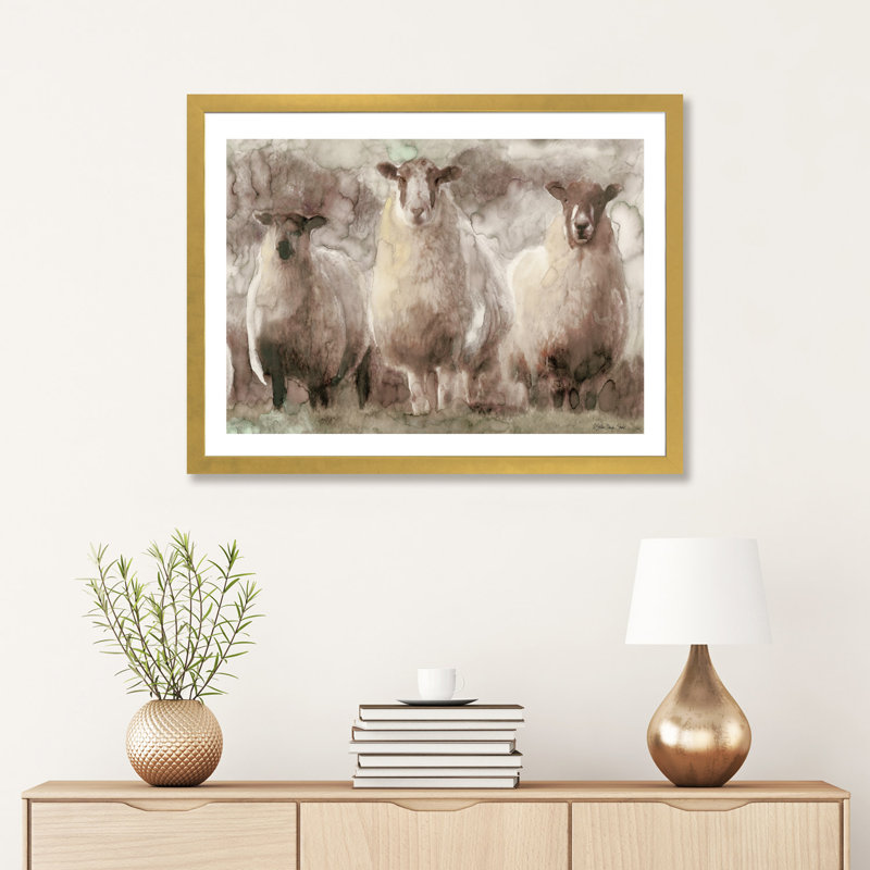 Trois moutons - reproduction d'art, H 24 po x l 32 po x P 1 po, Papier encadré doré