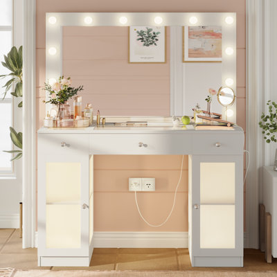 White Makeup Vanity Desk with Lighted Mirror & Power Outlet, Drawers & Cabinets, Glass Top Dressing Table with 3-Color LED Lights – Ideal for Women & by Wrought Studio