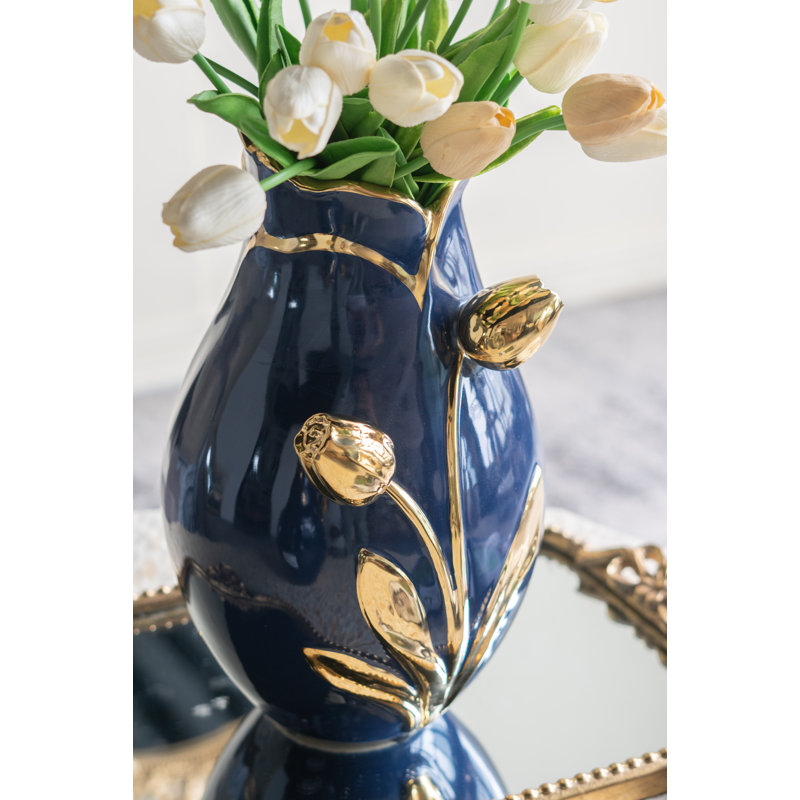 Navy Blue Ceramic Vase With Gold Tulip Design, 11.2" H x 7.5" W x 7.5" D