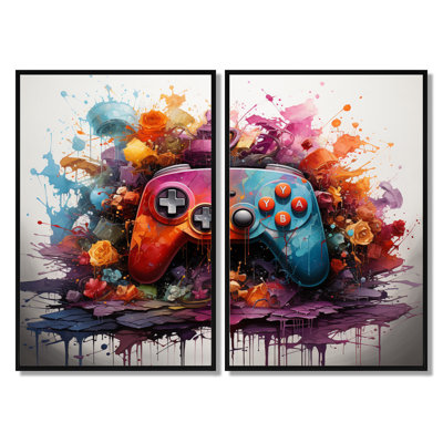 Neon Abstract Video Game Controller - Video Games Canvas Art, Colorful Fashion Wall Art Set Of 2