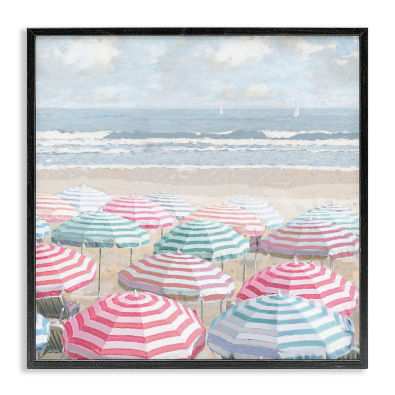 Scène de parapluie de plage lumineuse giclée, design par Amber Sterling, H 17 po x l 17 po, Giclée encadrée noir minuit