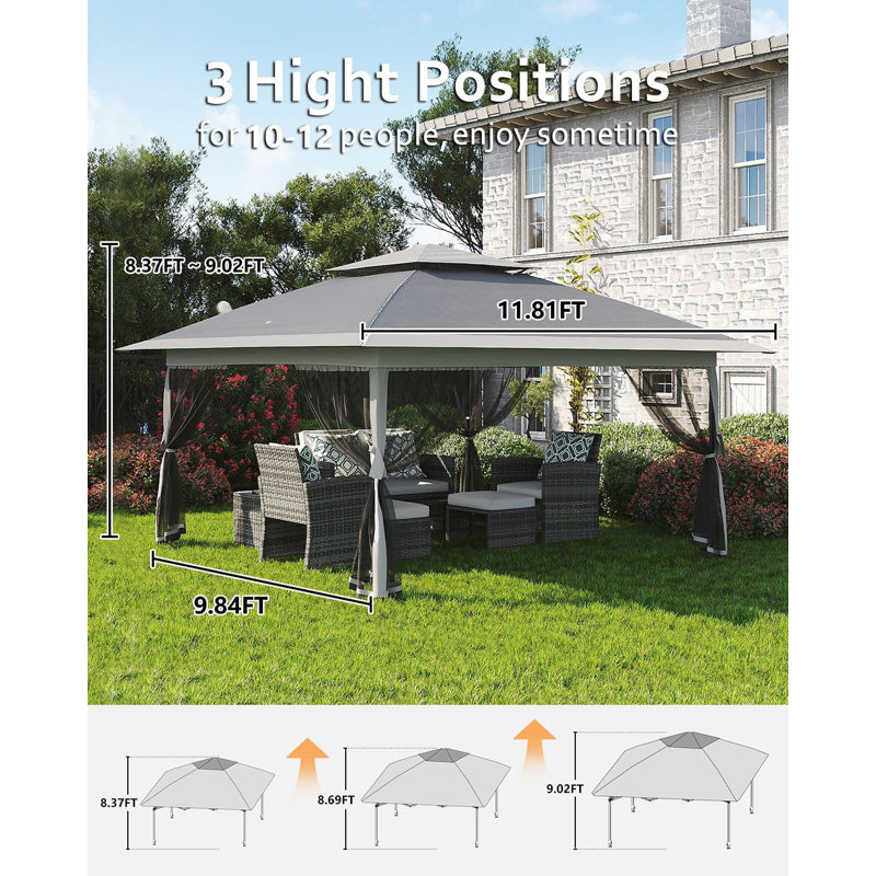 Pavillon de jardin escamotable 12 pi x 12 pi, auvent avec moustiquaire, installation à une pression, Gris
