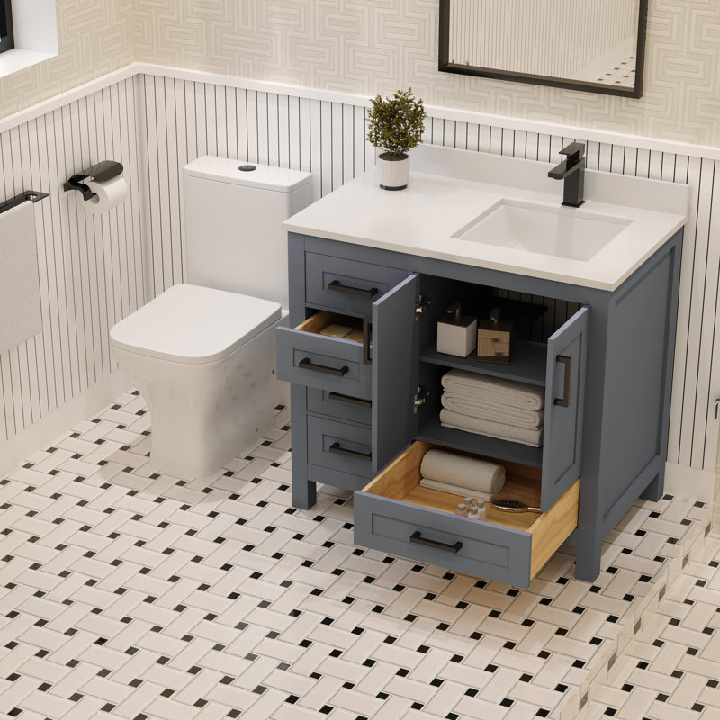 Meuble-lavabo simple 36 po avec plateau en quartz blanc Rooh, Gris, Noir mat