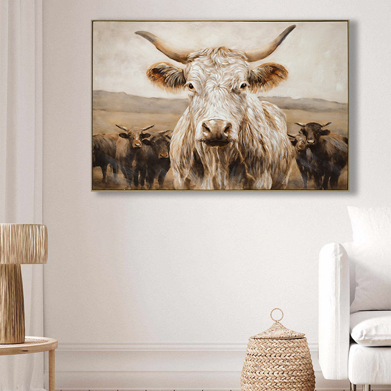 «White Highland Cow», art mural animalier moderne et minimaliste pour décoration de salon, encadré en bois massif, décoration murale inspirée de la nature