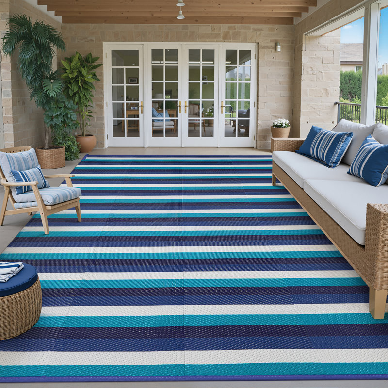 Striped Blue/White Outdoor Area Rug, Rectangle 9' x 12', Blue/White