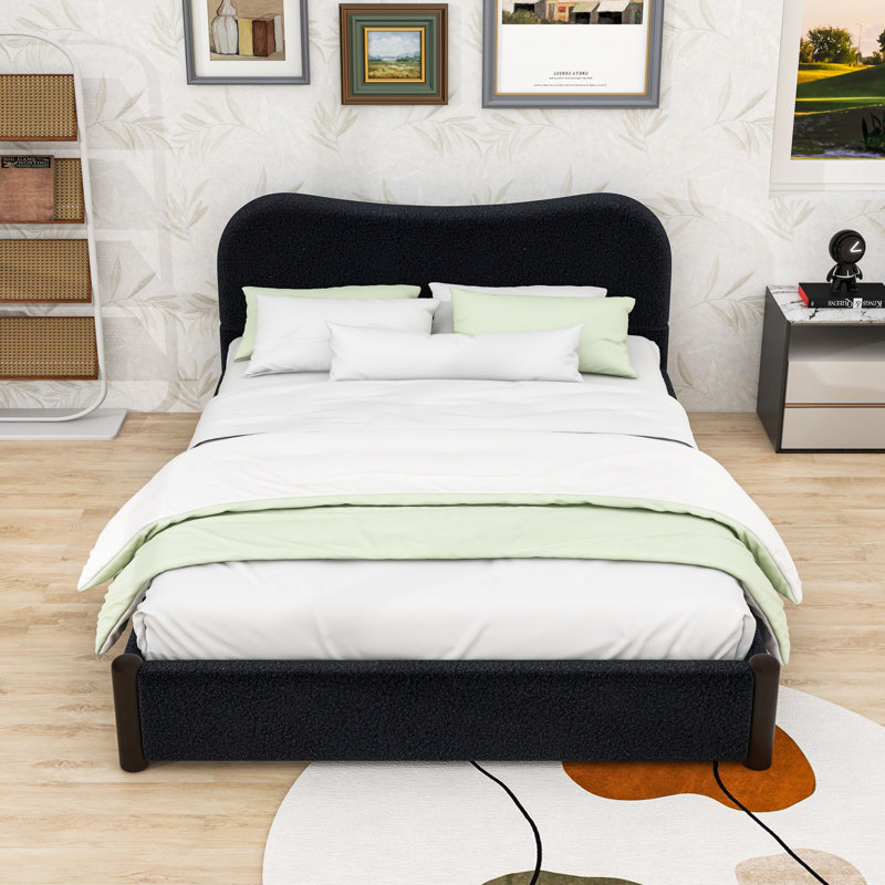 Lit plateforme tapissier avec tête de lit et lattes, Queen, Black