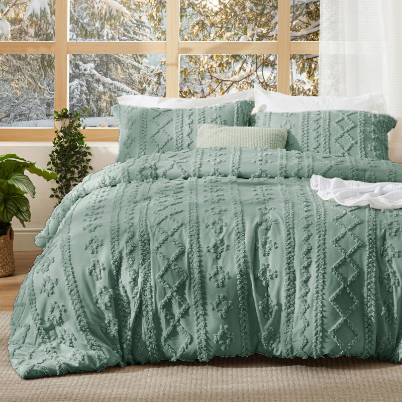 Ensemble d'édredon en microfibre toutes saisons, Vert, Édredon pour très grand lit + 2 taies décorativ