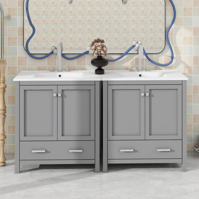 Ensemble de meuble-lavabo double 60 po avec lavabo double 60 po, meuble-lavabo moderne en bois avec lavabo double, tiroirs et portes (miroir non inclus)