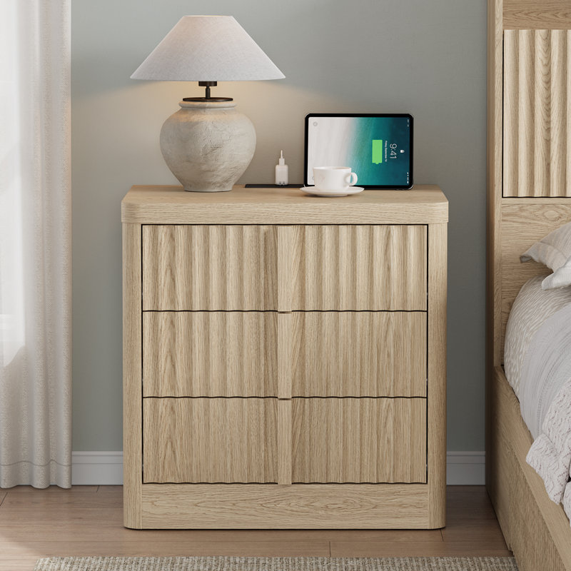 Fluted Nightstand with Charging Station, 23.6" Bedside Table with 3 Storage Drawers, Wood Handle for Bedroom, Living Room, Natural Oak