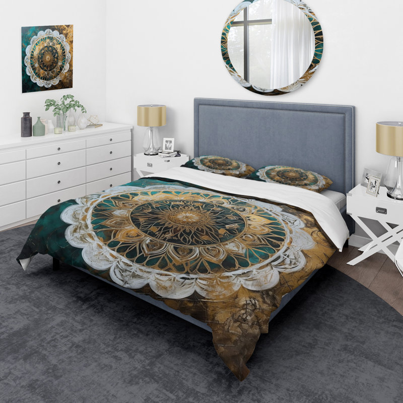 Ensemble de housse de couette en microfibre / polyester bleu sarcelle et or Mandala I Bedding