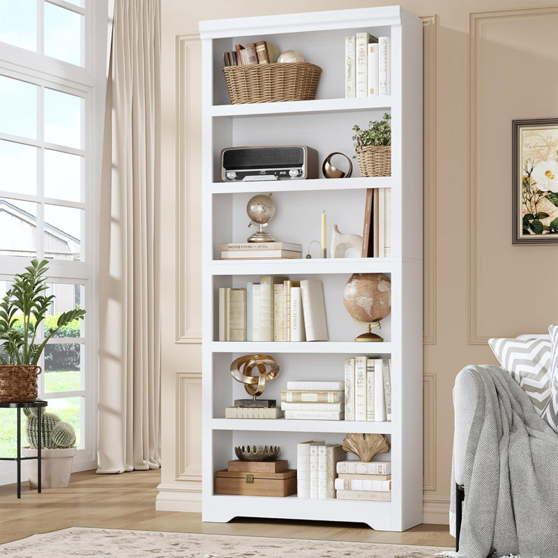 75"6-Tier Farmhouse Bookcase with Adjustable Shelves, Open Display Storage Bookshelf for Home Office, Living Room, Study or Balcony