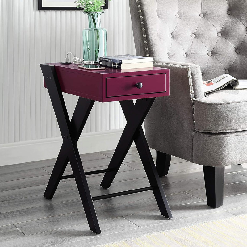 Black And Burgundy Rectangular Accent Table With Charging Dock, 1 Drawer Pull, Leg Design, Kd Assembly, Manual-Close Drawer, Table, 20 Lb Weight Side In Burgundy, Single Storage, Legs, Glide Side,