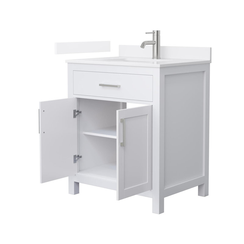 Meuble-lavabo simple autoportant 30 po avec plateau en quartz Beckett, Blanc, Nickel brossé, Quartz blanc