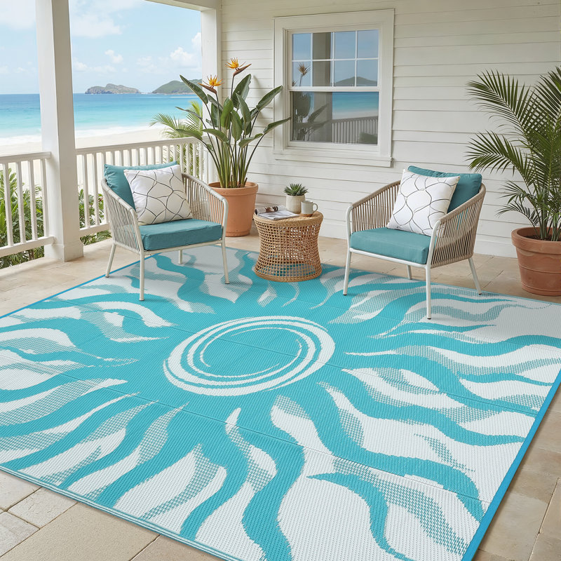 Tapis d'extérieur 9 pi x 12 pi bleu clair réversible, imperméable, facile à nettoyer et à séchage rapide