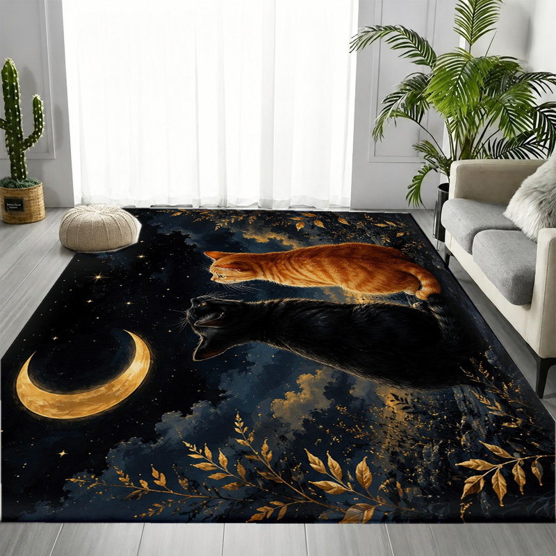 Tapis d'intérieur à motif de chats, lune et étoiles sous le ciel nocturne, motif animalier artistique, lavable en machine et antidérapant, décoration élégante pour salon, chambre, entrée, cuisine, balcon, appartement