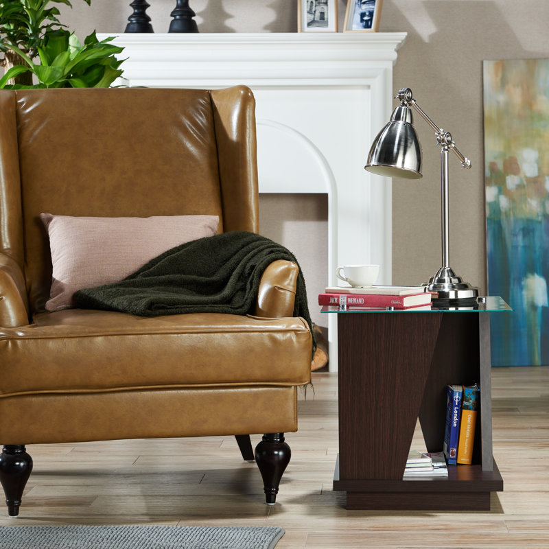Table de bout avec tablette inférieure et plateau en verre Rubina, Noyer