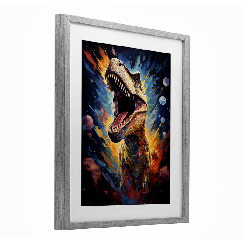 «Dinosaur with Planets», reproduction encadrée sous verre, design by Creative Studio, Cadre de ferme gris, H 16 po x l 13 po