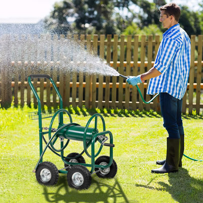 Heavy Duty Steel Cart Hose Reel 300FT Capacity for 5/8in Hoses Portable Sturdy Water Hose Reel Cart with Wheels Storage Basket for Garden Lawn Yard Outdoor