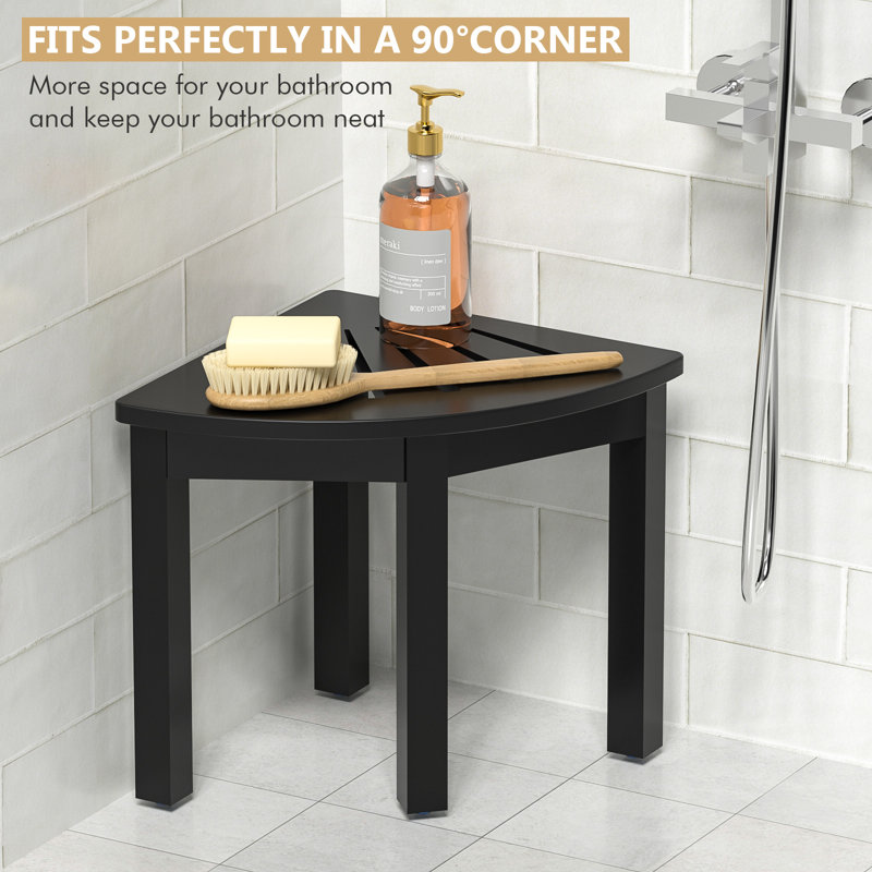 Bamboo Corner Shower Foot Rest Stool For Shaving Legs, 12 Inch Non-Slip Waterproof Small Corner Shower Bench For Bathroom Bath Seat Spa, Black