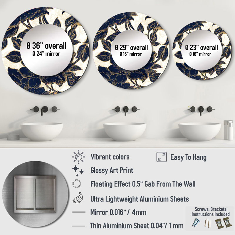 Décoration murale symphonique pivoines bleues et bleues - Miroir rond pivoine florale_MTMIR62949, 23 po x 23 po