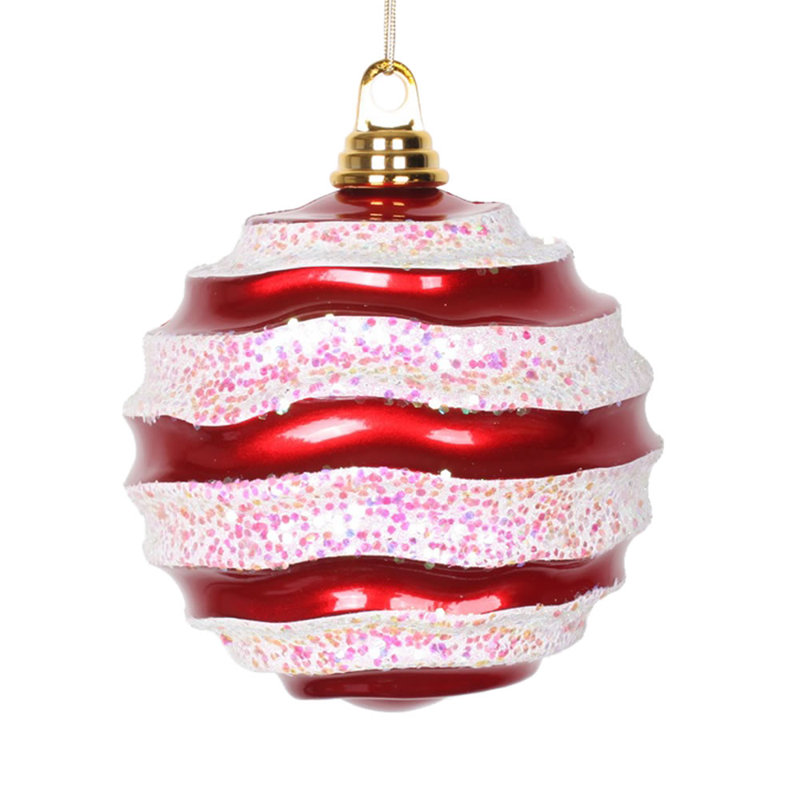 Ornement de Noël boule rayée et scintillante, H 8 po x l 8 po x P 8 po, Rouge / Blanc