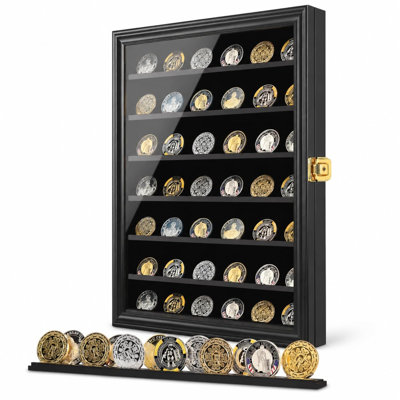 Large Black Lockable Military Challenge Coin Shadow Box Display Cabinet, Removable Double Grooved Shelves & Dustproof Acrylic Door, Storage Rack Holder for Casino Poker Chip Collectibles