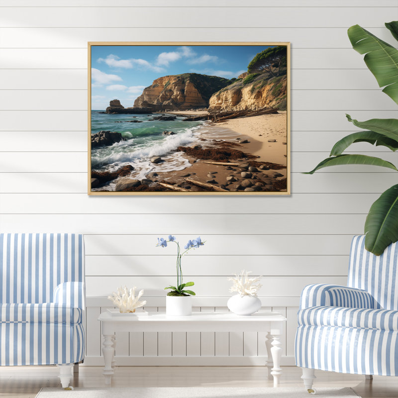 " Rocky Beach Majestic Cliffs III ", Natural Floater Framed, 30" H x 40" W x 1.5" D