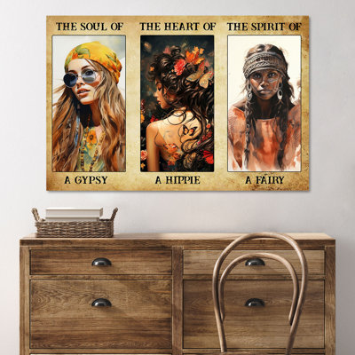 Girls With The Soul, The Heart And The Spirit Gallery Wrapped Canvas - For Girl Illustration Decor, Blue And Brown Home Decor