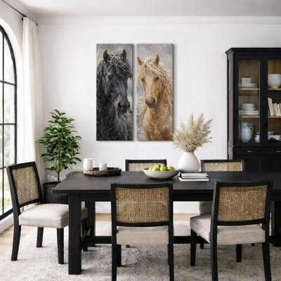 «Black and Golden Horse Portraits in Winter Snow», ensemble de 2 reproductions d'art encadrées sur toile 32 po x 12 po x 2