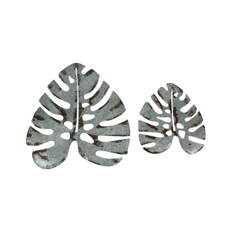 Tropical metal Monstera leaf wall art set with galvanized grey zinc finish — 24" and 15.5" high, Gray