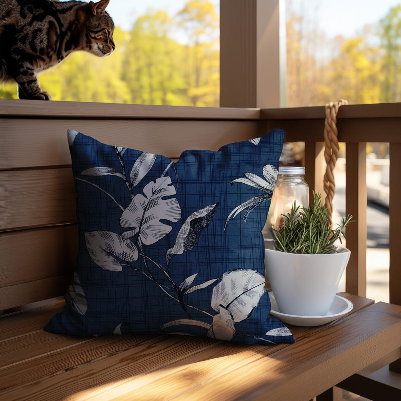 Housse de coussin feuille de palmier bleu foncé, H 17 po x l 17 po, Carré