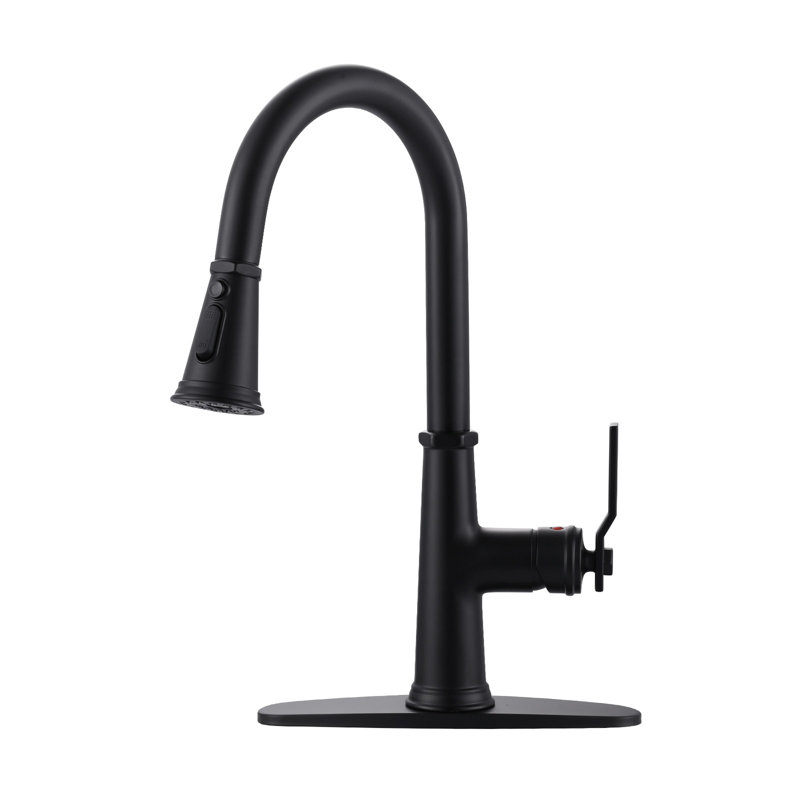 Robinet de cuisine rétractable à poignée simple en acier inoxydable à 3 fonctions avec plaque de pont, Noir mat