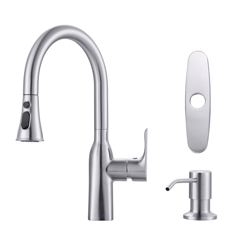 Stainless Steel 3-function Single Handle Pull Down Kitchen Faucet With Deck Plate And Soap Dispenser, Brushed Nickel