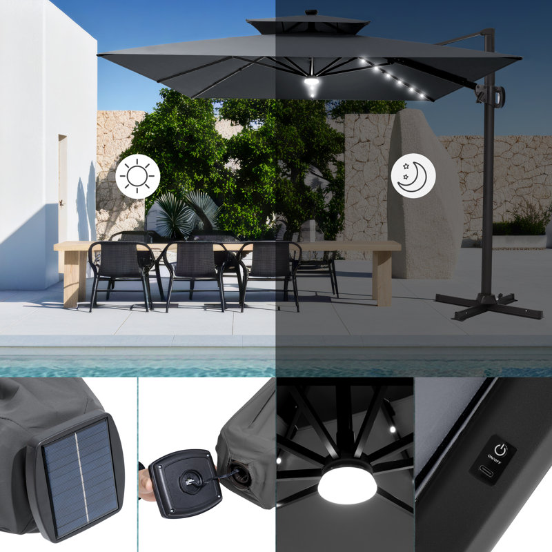 Parasol extérieur rectangulaire en porte-à-faux à DEL 129 po x 105 po, poids comptoir inclus, Gris foncé