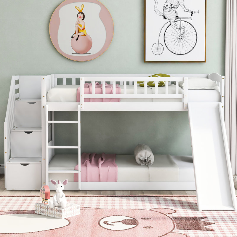 White Twin Over Bunk Bed With Plywood Slats And Two Drawers Stairway Ample Storage Enjoyable Slide - Bedroom Must-Have, White