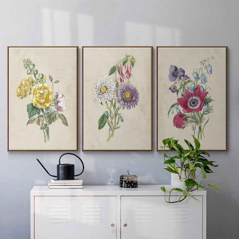 Antique Garden Bouquet I, ensemble de 3 toiles encadrées, H 36 po x l 72 po, Noyer