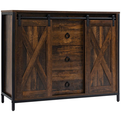 Industrial Farmhouse Buffet Cabinet, Kitchen Sideboard with Sliding Barn Doors, Three Drawers and Adjustable Shelves for Living Room, Dining Room, Rus by Gracie Oaks