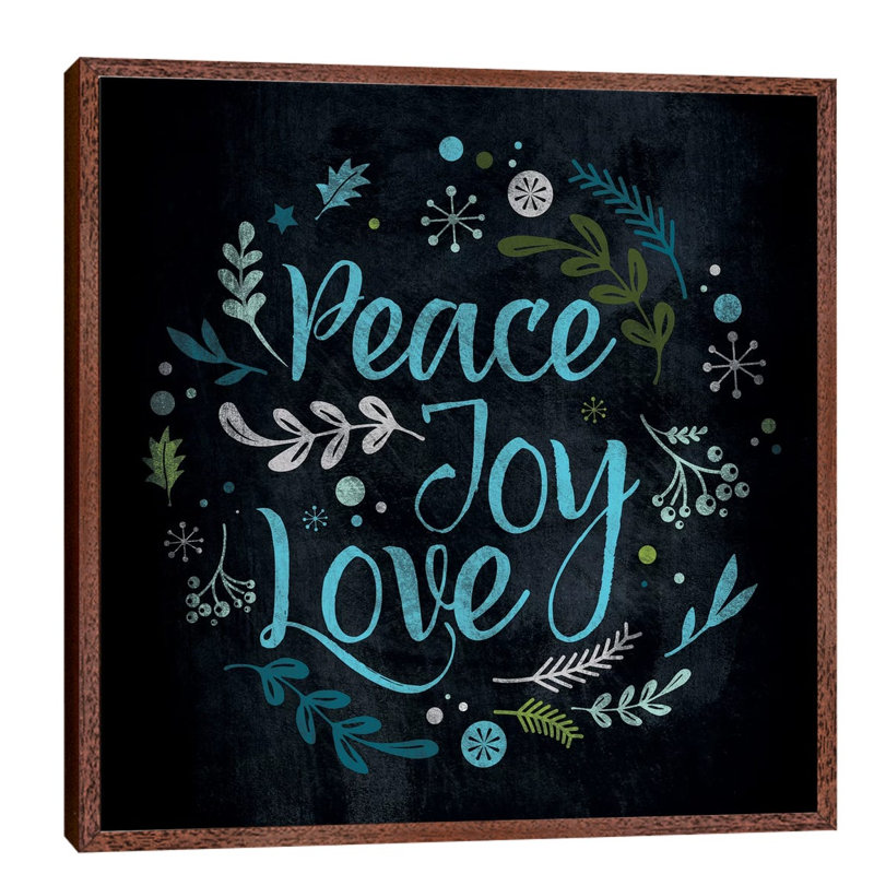 Peace Joy Love In Blue by 5by5collective - Floater Frame Print on Canvas, Brown Framed