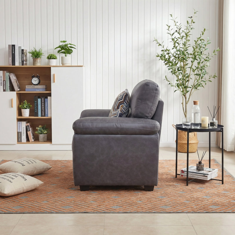 36.8" Leathaire Accent Chair With Complimentary Geometric Pillow, Gray Faux Leather