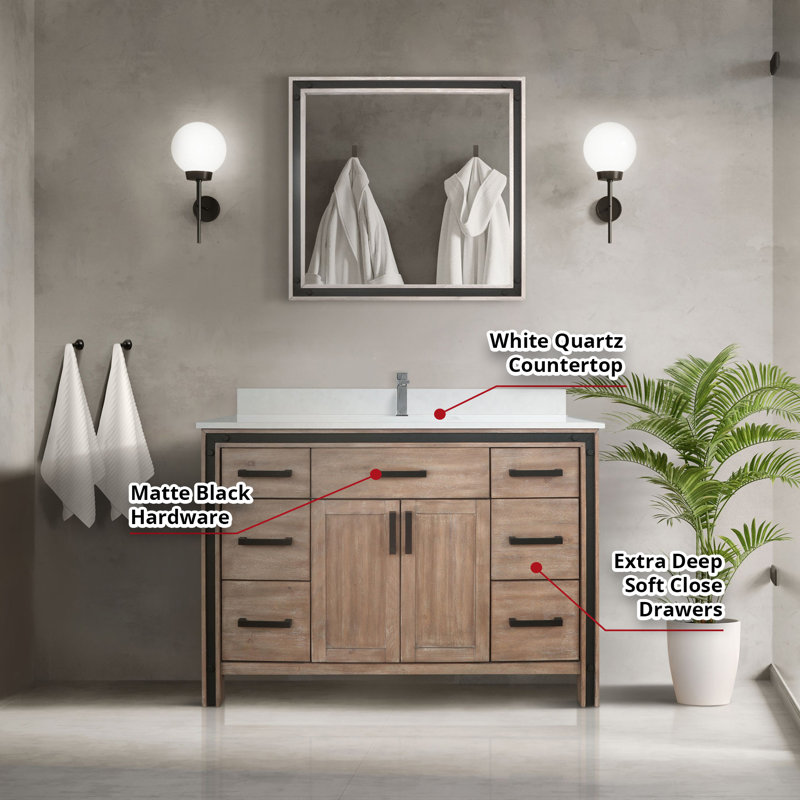 Ziva 48" Rustic Barnwood Single Sink Bathroom Vanity with White Quartz Top